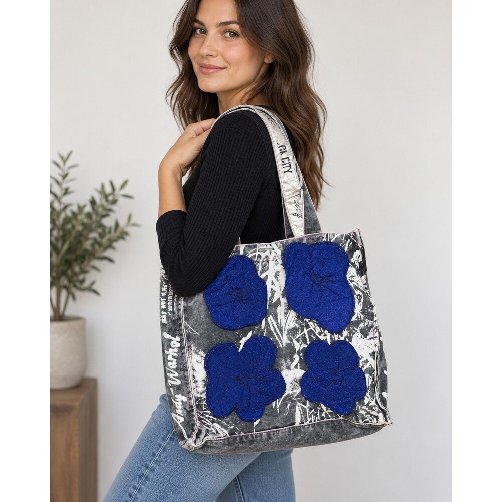 Andy Warhol Foundation Cotton Denim Tote Bag Purple Flowers